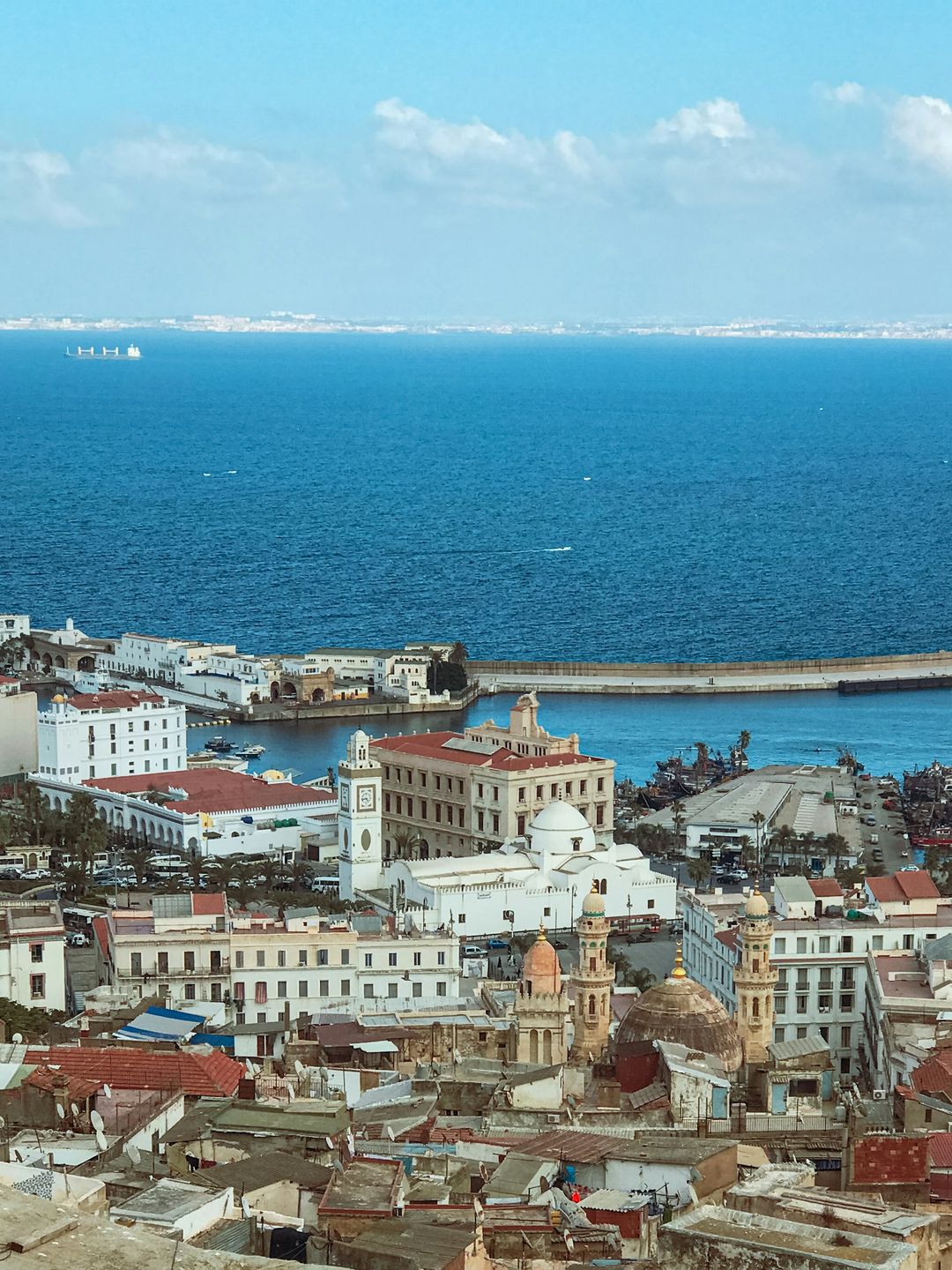 Vue en hauteur sur des toits serrés, des édifices à coupoles et à tours, un port fermé par une jetée, puis la mer jusqu’à une côte lointaine